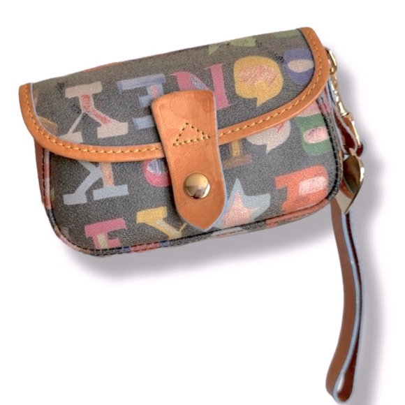Dooney & Bourke Handbags - Dooney & Bourke Doodle Graffiti Y2K Black Flap Wristlet Heart Charm and Strap